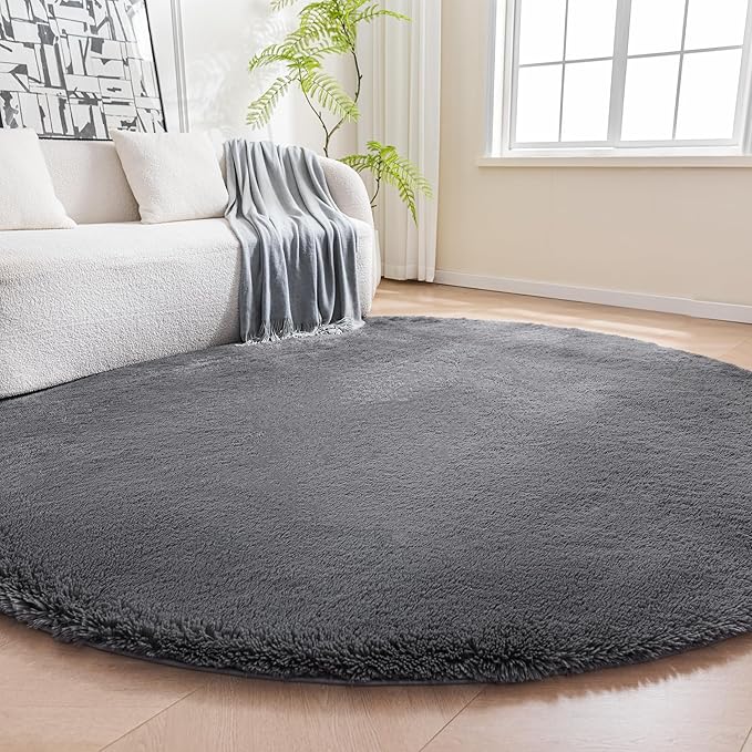 Amazon Basics Fluffy Washable Round Area Rug, Circle Shaggy Carpet for Living Room, Bedroom, Nursery, 7'R, Dark Gray