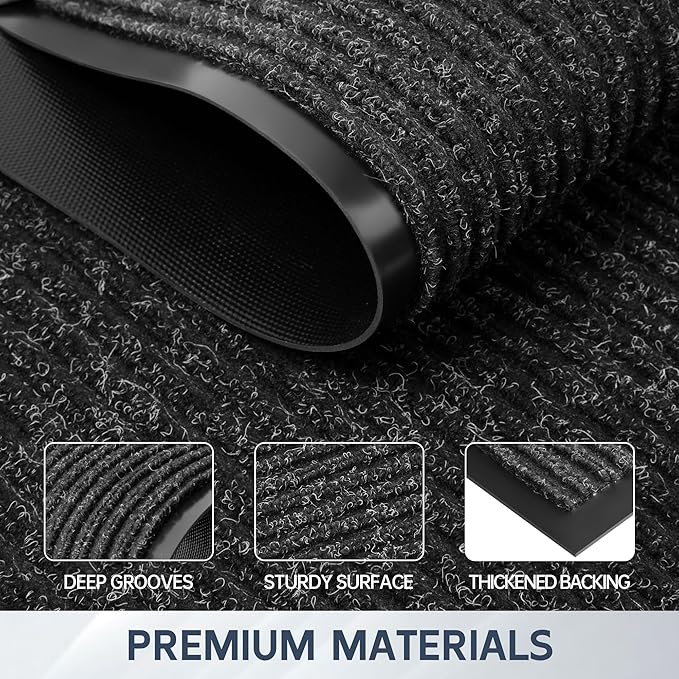 Front Door Mat, 48" x 36" Heavy Duty Indoor Outdoor Doormat, Non-Slip Welcome Mats for Entryway, Rubber Backing Low Profile Commercial Door Mats, Black Stripe