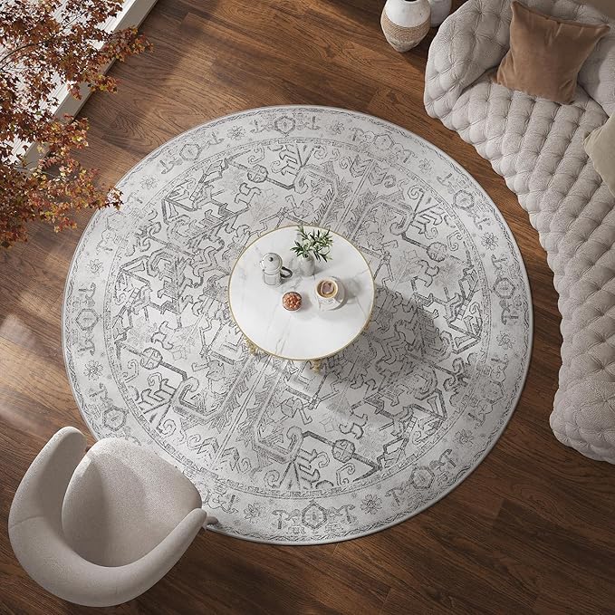 jinchan Lima Round Rug 6ft Vintage Machine Washable Area Rug Indoor Circle 6' Ultra-Thin Non-Slip Floral Print Carpet for Farmhouse Entryway Dining Room Living Room Bedroom Office (6'Round, Grey)