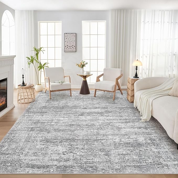 Area Rug Living Room Rugs - 7x9 Large Soft Indoor Neutral Modern Abstract Low Pile Washable Rug Carpet for Bedroom Dining Room Farmhouse Home Office - Vintage Grey
