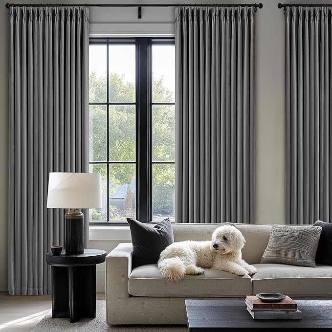 Dark Grey 100 Inch Blackout Pinch Pleated Curtains 2 Panel Set for Living Room Darkening Thick Linen Textured 100% Black Out Drapes 100 Inches Long Pinch Pleat Light Blocking Bedroom Charcoal Gray