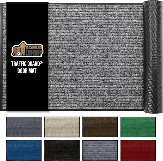 GORILLA GRIP Waterproof Traffic Guard Door Mat, 60x36, Heavy Duty Entryway Mats, Strong Rubber Back Commercial Utility Rugs for Office Hallway, Garage Floor and Home, Low Profile Carpet, Light Gray