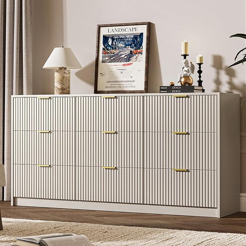 3-Piece Dresser Bedroom Set, 9 Drawer Dresser & 2 Drawer Nightstands with Gold Handles, Fluted Wood Chest of Drawers for Bedroom, Living Room, Entryway, Beige