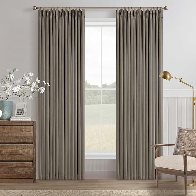 Desert Taupe Linen Blackout Pleated 86 Inch Curtains for Living Room Darkening Pinch Pleat 100% Black Out Drapes Thermal Insulated Soundproof Brownish Grey 86 Inch Curtain for Dining Bedroom