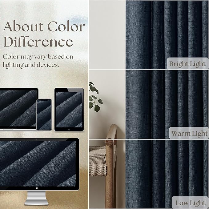 Dark Blue Linen Curtains 102 Inches Long for Living Room Pinch Pleated Drape with Hooks Rings for Track System Light Filtering 102 Inch Curtain for Bedroom Sliding Patio Door 2 Panels Navy Indigo