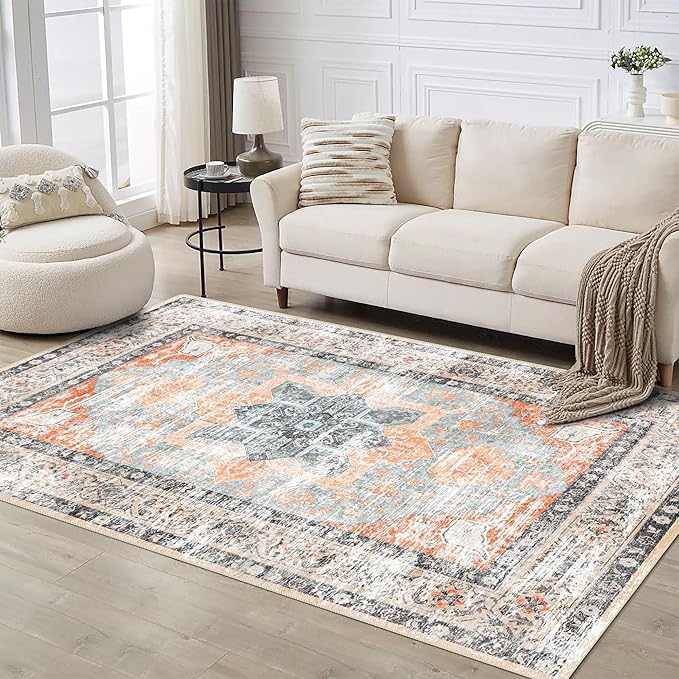 Runner Rug 2x10 Machine Washable Rug with Non-Slip Backing, Ideal for Kitchen Hallway Entryway Laundry Room - Vintage Floral, Durable, Easy Clean, Low Pile Carpet Runner Orange
