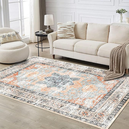 6x9 Area Rug, Ultra-Soft Washable Rug for Living Room, Dinner Room, Bedroom, Non-Slip Vintage Floral Rug, Indoor Carpet Large Area Rug, Orange