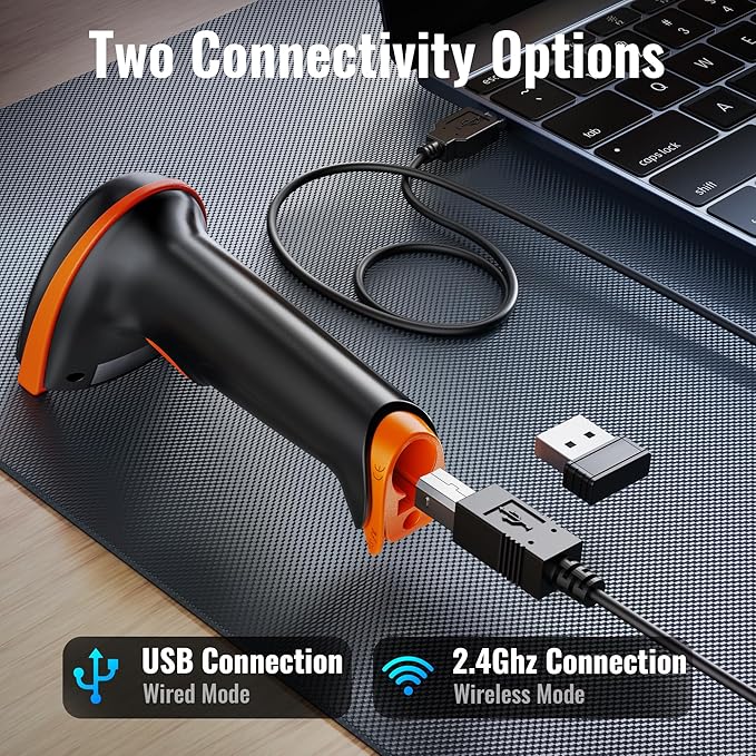 Tera Barcode Scanner Wireless 1D Laser Cordless Barcode Reader with Battery Level Indicator, Versatile 2 in 1 2.4Ghz Wireless and USB 2.0 Wired