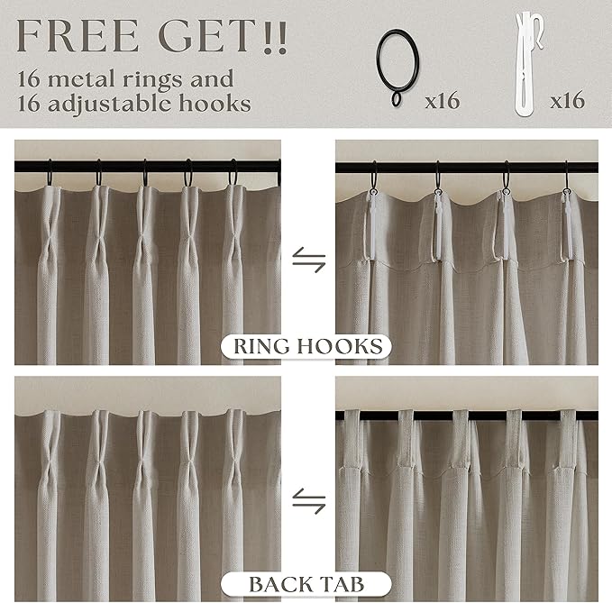 Taupe Burlywood Pinch Pleated Linen Curtains 96 Inches Long for Living Room Bedroom 2 Panels Light Filtering Pinch Pleat Hooks Rings Back Tab Neutral Country Farmhouse 96 Inch Window Curtain Drapes