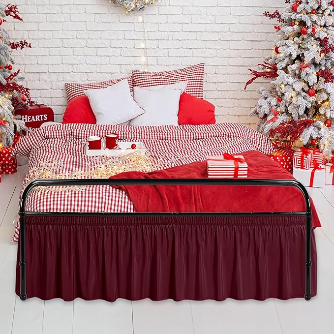 Biscaynebay Wrap Around Bed Skirts with Split Corners for Queen Beds 14" Drop, Burgundy Elastic Dust Ruffles Adjustable Easy Fit Wrinkle & Fade Resistant Silky Luxurious Fabric Machine Washable