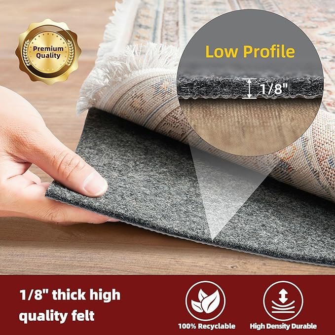 BAGAIL Felt and Natural Rubber Backing Rug Pads 1/8” Thick, 3 x 5 Ft Non Slip Rug Gripper Keep Rugs in Place, Under Area Rug Protective Cushioned Pads, Carpet Runners, Hardwood Floors Protection