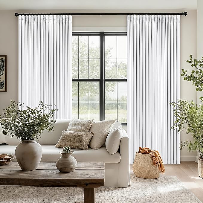 Neutral White Linen Pinch Pleated Blackout Curtains 108 Inches Long for Bedroom Pleated 100% Black Out Drapes with Liner Off White Farmhouse Country Extra Long 108 Inch Curtain for Living Dining Room