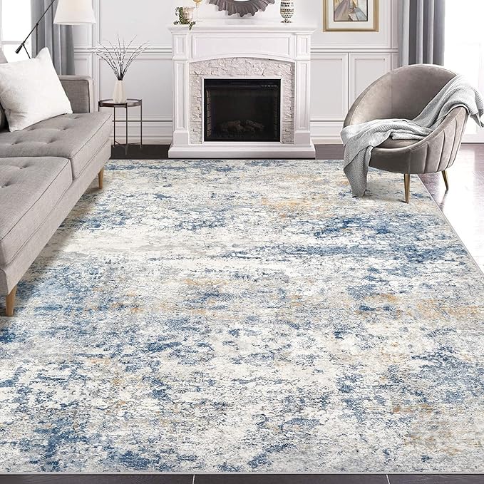 Area Rug Living Room Rugs - 5x7 Abstract Large Soft Indoor Washable Rug Neutral Modern Low Pile Carpet for Bedroom Dining Room Farmhouse Home Office - Blue