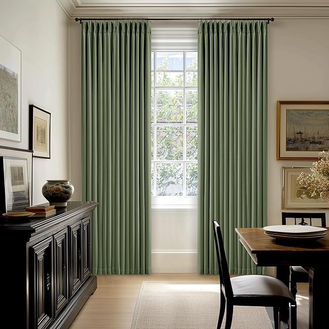 Olive Green Blackout Pinch Pleat Curtains 84 Inches Long 2 Panels for Living Room Bedroom 100% Black Out Linen Dual Layer Pleated with Hooks Rings Back Tab Room Darkening Loden Drapes 84 Inch Length