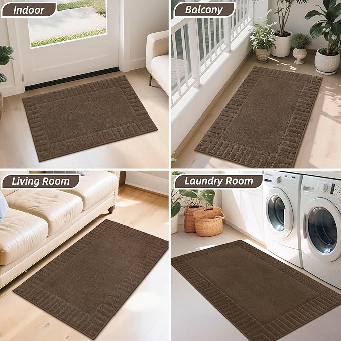 BEQHAUSE Door-Mat-Non-Slip Front Door Mat Washable Low-Profile Entrance Rugs for Front Door Entry Dirt Trapper Door Mats Absorbent Welcome Mats,20"x32",Brown