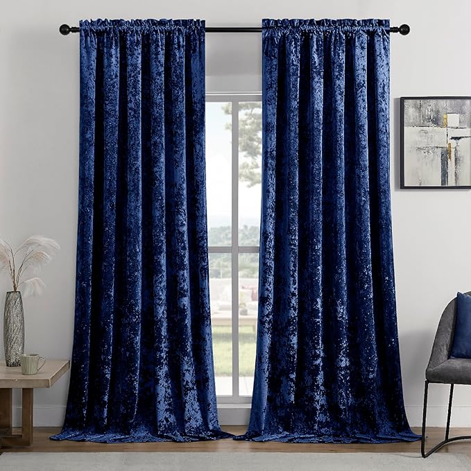 SMILETIME Navy Blue Crushed Velvet Curtains 52x108inch Rod Pocket Luxurious Thermal Insulated Soundproof Drapes Soft and Durable Light-Filtering Window Treatments for Living Room Bedroom, 2 Panels