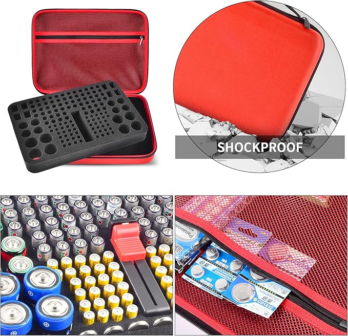 Battery Organizer Case, 150+ Batteries Storage Holder Container with Tester. Garage Organization Box for AA AAA 9V C D Lithium 3V LR44 CR2016 CR1632 CR2032 CR2025 (Not Includes Battery Pack) -Red