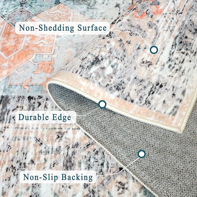 Runner Rug 2x10 Machine Washable Rug with Non-Slip Backing, Ideal for Kitchen Hallway Entryway Laundry Room - Vintage Floral, Durable, Easy Clean, Low Pile Carpet Runner Orange