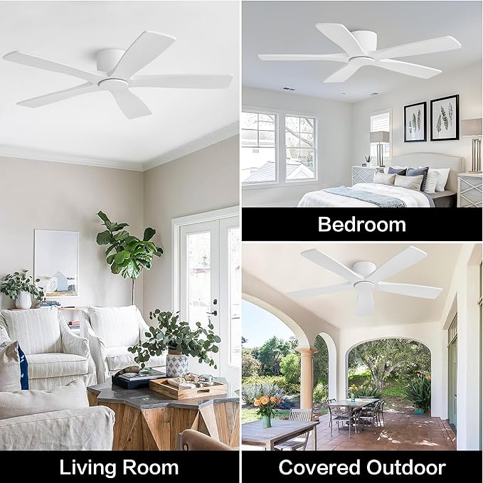 WINGBO 48" Flush Mount DC Ceiling Fans Without Lights, 5 Carved Solid Wood Blades, 6-Speed Reversible DC Motor, Low Profile Hugger Ceiling Fan No Lights for Living Room Bedroom Patio, Gloss White