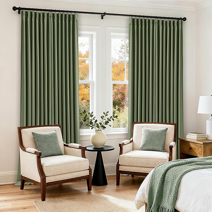 Extra Long Blackout Pleated 108 Inch Curtains Floor Ceiling 2 Panels Set for Living Room Memory Trained Pinch Pleat 100% Black Out Dual Layer Olive Green Soundproof Thermal Insulated Linen Curtains