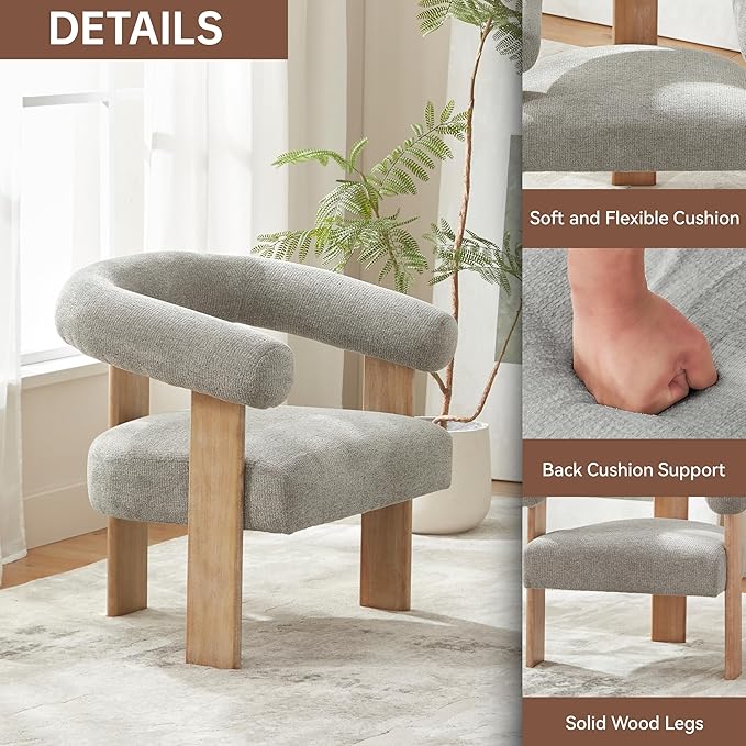 VKNOW Accent Chair Living Room Chairs Set of 2, Modern Upholstered Arm Chair with Solid Wood Legs, Comfy Barrel Accent Chairs for Living Room, Bedroom, Grey