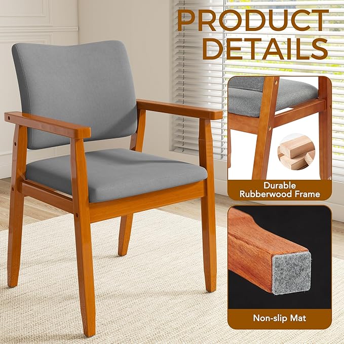 thksbought Mid Century Modern Walnut Dining Chairs Wood Arm Grey Fabric Kitchen Cafe Living Room Decor Furniture