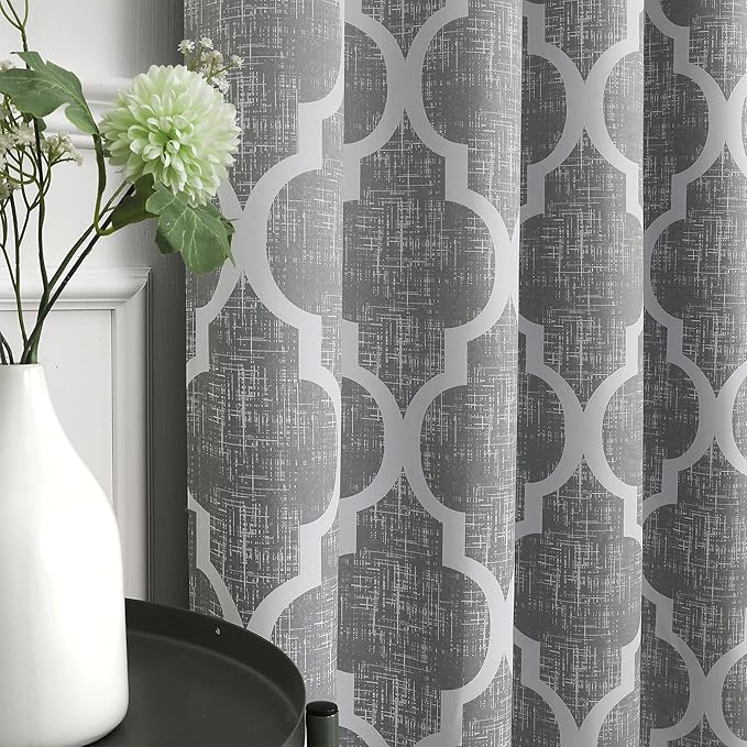 Beauoop 100% Blackout Curtains 84 Inches Long 2 Panels for Bedroom Living Room Grey Moroccan Geo Room Darkening Thermal Insulated Soundproof Grommet Top Window Treatments Drapes, 50x84 Set of 2