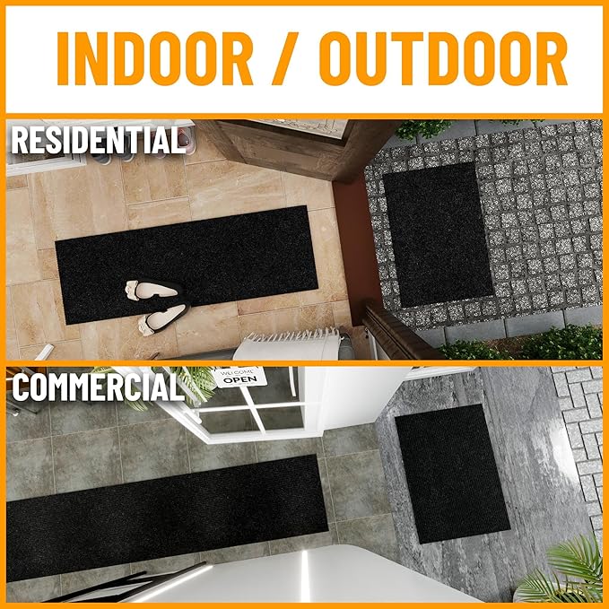 Ottomanson 2' x 10' Hallway Runner with Scraper Pile Extra Durable Non-Slip Rug Mat for Indoor & Outdoor Use - Ideal for Kitchen, Entryway, Patio & Garage - High-Traffic Carpet, Black