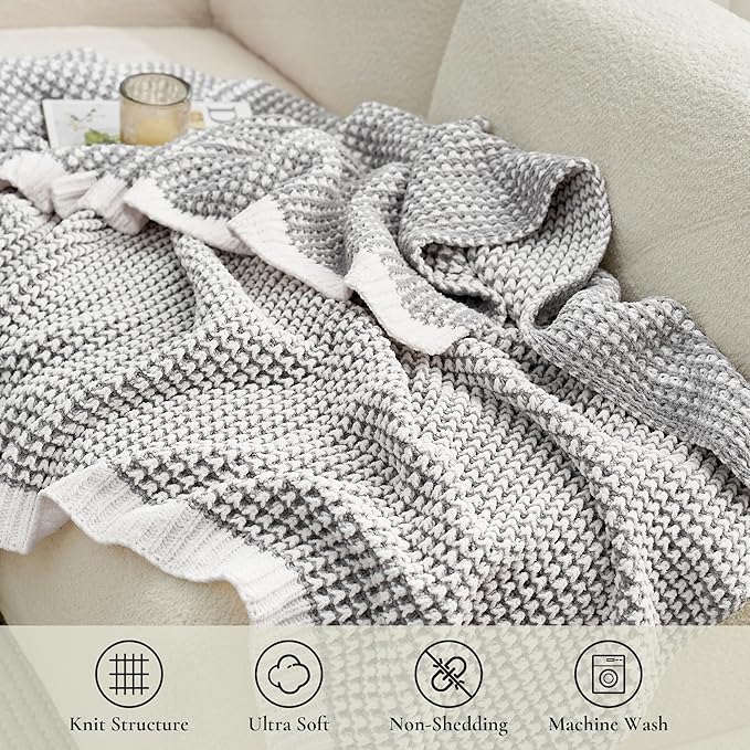 Amélie Home Waffle Chenille Throw Blanket for Couch, Pineapple Stitch Knit Soft Cozy Knit Blanket Decorative Throw for Sofa, Chair, 50"x60", Grey&Ivory