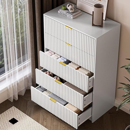 3-Piece Dresser Bedroom Set, 5 Drawer Dresser & 2 Drawer Nightstands with Gold Handles, Fluted Wood Chest of Drawers for Bedroom, Living Room, Entryway, White