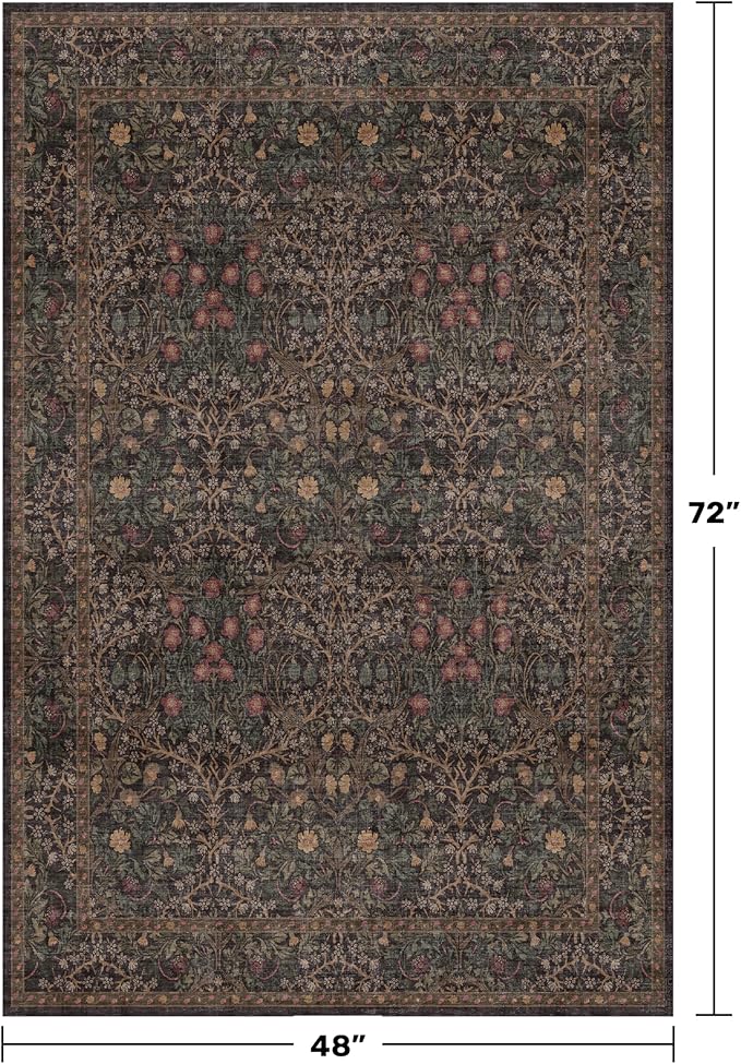 Washable Dark Taupe Brown 4x6 Area Rugs for Living Room, Bedroom Beside Rug, Kitchen, Mudroom, Non-Slip Low Pile Ultra Soft Stain Resistant, Small Vintage Green Botanical Floral Carpet