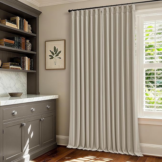 Linen Pinch Pleated Blackout Curtains 96 Inches Long 2 Panels Set for Dining Living Room Darkening Neutral Memory Shape Pinch Pleat Black Out Thermal Insulated Curtain Drapes with Liner Oatmeal Beige