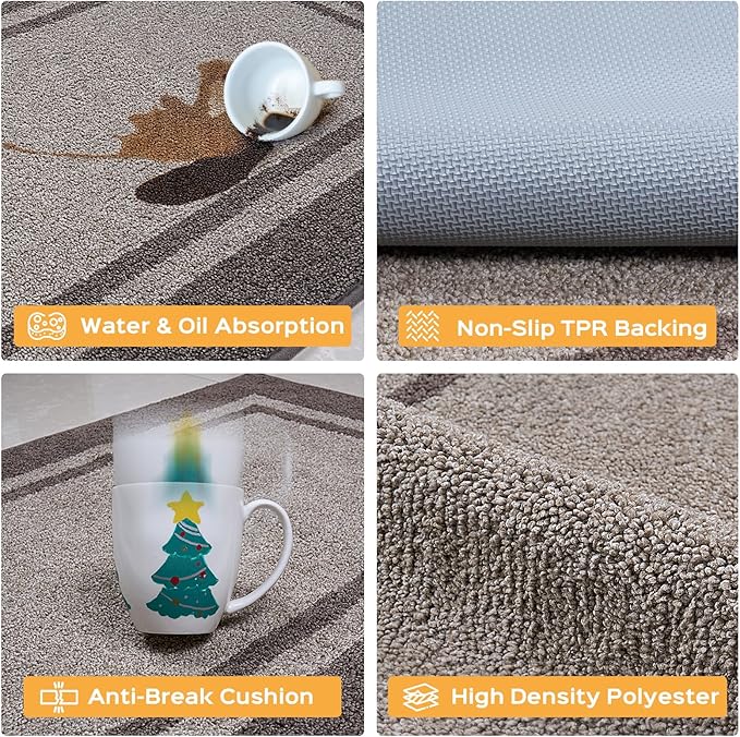 Kitchen Rugs Set (24" x 36"+24" x 60"), Non-Slip Machine Washable Kitchen Runner Rugs Floor Mats, Absorbent Comfort Standing Mats for Kitchen, Sink and Hallway, Rolled Packaging, Beige & Grayish Brown