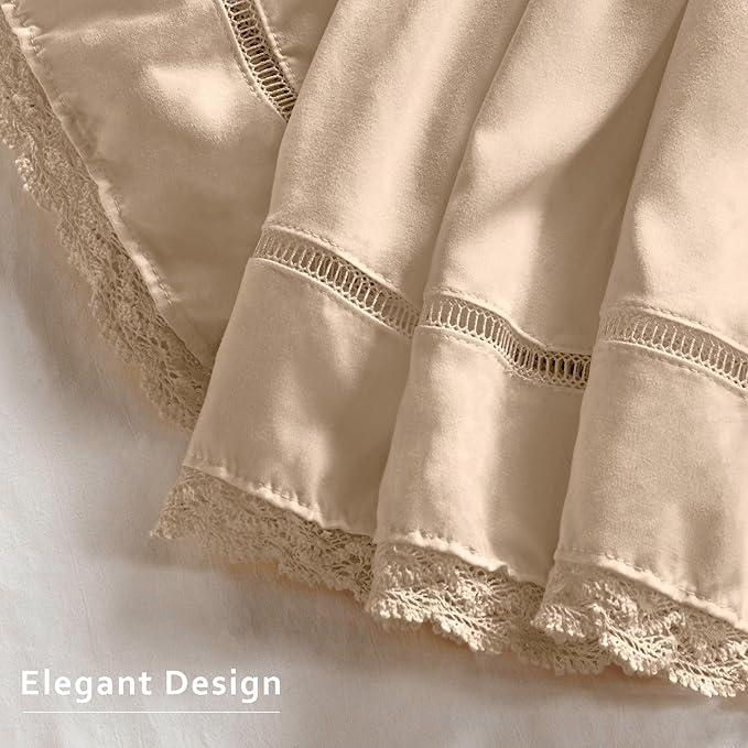 MIYE Wrap Around Ruffled Lace Bed Skirt, Elastic Dust Ruffle with Adjustable Belts, Easy to Put On, Bed Frame Cover, Machine Washable (Floral Lace/Beige, King/Queen-18 Drop)