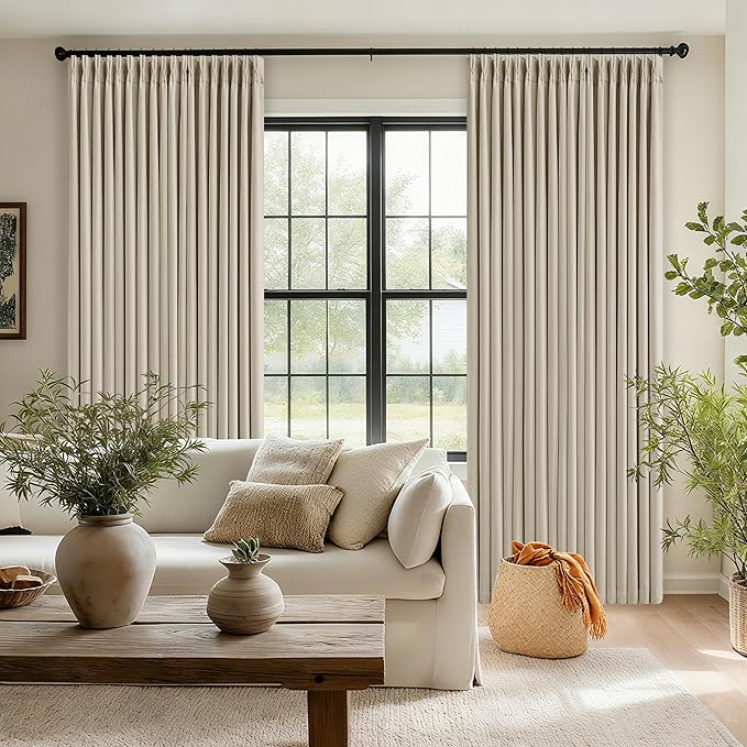 102 Inch Blackout Linen Pleated Curtains for Bedroom Living Room Darkening Pinch Pleat 100% Black Out Thermal Insulated Window Drapes Double Layer Oatmeal Beige 102 Inches Long Curtains 2 Panels Set
