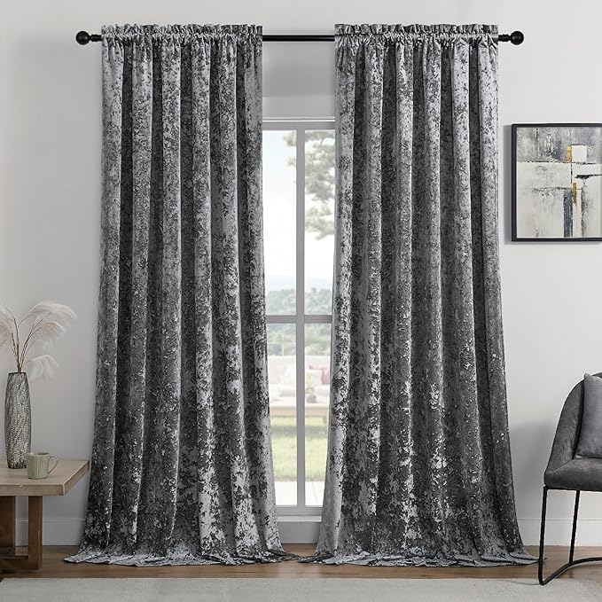 SMILETIME Grey Crushed Velvet Curtains 52x96inch Rod Pocket Luxurious Thermal Insulated Soundproof Drapes Soft and Durable Light-Filtering Window Treatments for Living Room Bedroom, 2 Panels