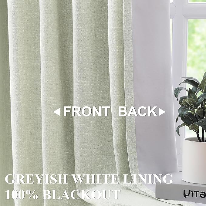 Vision Home Green Linen Full Blackout Curtains for Bedroom Living Room Darkening Soundproof Window Curtains 112 inch Thermal Insulated Rod Pocket Back Tab Linen Drapes 2 Panels 56" Wx112 L