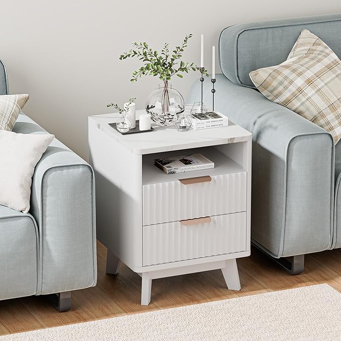 White Nightstand with 2 Drawers, 18" Modern Night Stand with Faux Marble Top, Open Storage Shelf, Fluted Bedside Table for Bedroom, End Table Side Table