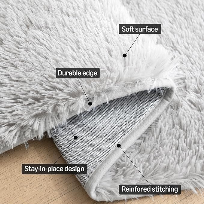 Amazon Basics Fluffy Washable Round Area Rug, Circle Shaggy Carpet for Living Room, Bedroom, Nursery, 8'R, Gray