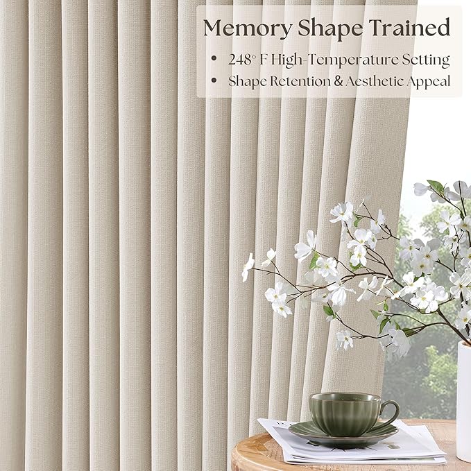 Cream White Linen Blackout Pleated Curtains 108 Inches Long 2 Panels Set Pinch Pleate 100% Black Out Double Layer Natural Burlap Thermal Insulated Drapes for Bedroom Living Windows 108 Inch Length