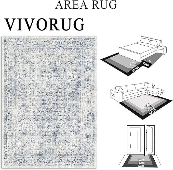 6x9 Area Rug, Ultra-Soft Washable Rug for Living Room, Dinner Room, Bedroom, Non-Slip Vintage Floral Rug, Indoor Carpet Large Area Rug, Blue
