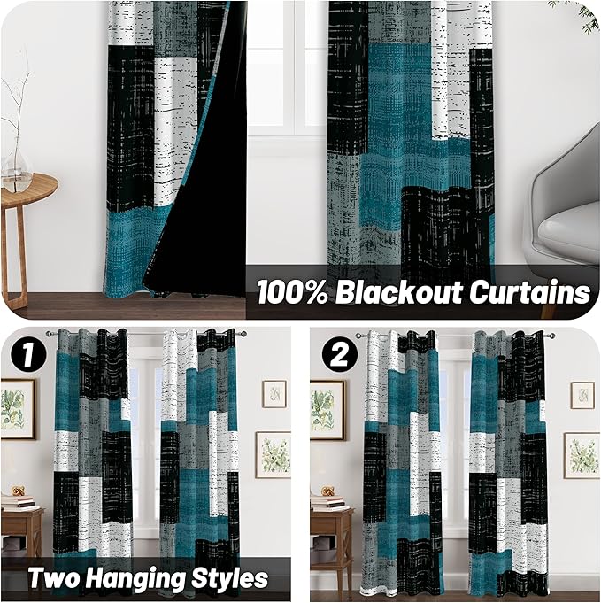 Rustic Blue Grey 100% Blackout Curtains for Bedroom 63 inch Long 2 Panels Set Gray Modern Abstract Geometric Black Out Curtains Insulated Room Darkening Window Drapes for Living Room, 52Wx63L