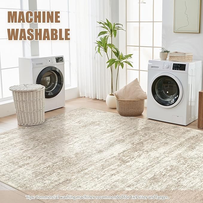 Area Rug Living Room Rugs - 9x12 Abstract Large Soft Indoor Washable Rug Neutral Modern Low Pile Carpet for Bedroom Dining Room Farmhouse Home Office - Vintage Beige
