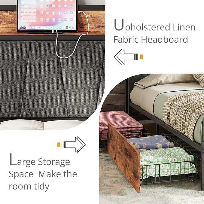 LIKIMIO Queen Bed Frame with 4 Storage Drawers, Platform Bed with Charged Headboard, Sturdy and Stable, No Noise, No Box Spring Needed, Easy to Install, Vintage Brown and Gray