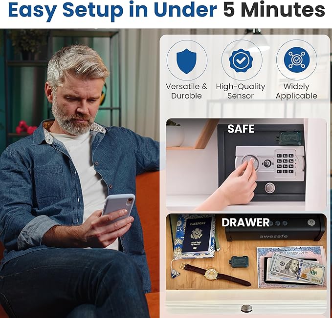 Instant Kini Safe Alert Wi-Fi Motion Sensor Alarm - Real-time SMS, Email, IFTTT - Great for Gun Safes, Cabinets, Home, Office - Easy Install, No Subscription, Long Lasting Rechargeable Battery