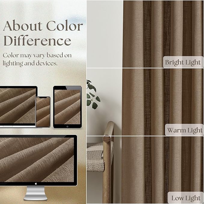 Brown Linen Pinch Pleated Curtains 108 Inches Long 2 Panels for Living Room Bedroom Light Filtering Drapes 108 Inch Length Dutch Cocoa Semi Sheer Memory Shape Trained Ceiling Floor Curtain