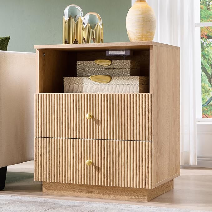 Fluted Night Stand with Charging Station, 21.65" Nightstand with Drawer/Open Shelves, 2 Drawer Dresser for Bedroom, Morden End Table Bedside Table for Bedroom, Living Room, Natural