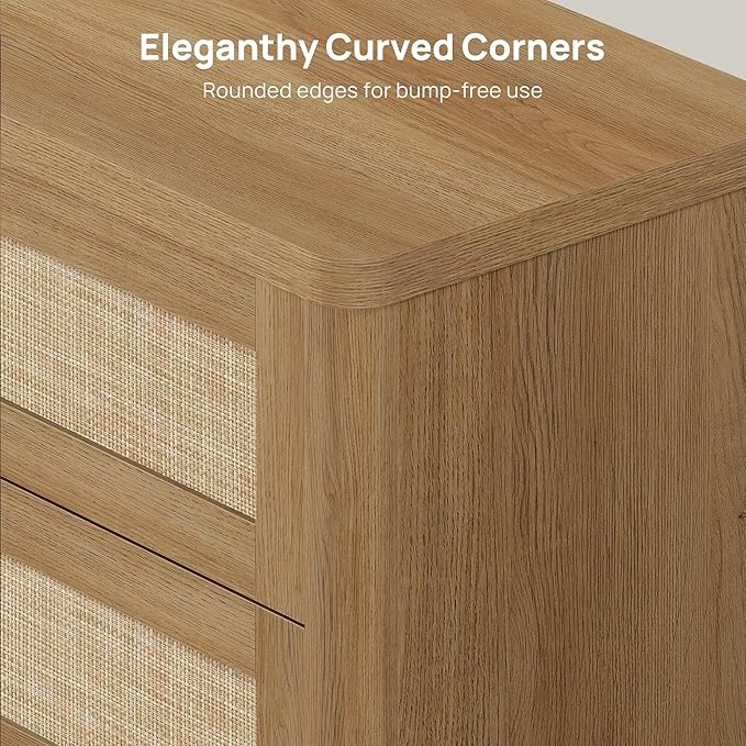 SICOTAS Rattan Night Stand Set 2, 26.8" Wide Oversized Nightstand with 3 Large Drawers, Push-Close & Kid-Safe Curved Edges, Boho Bedside Table End Table for Bedroom Sofa Side Home Office, Amber Oak