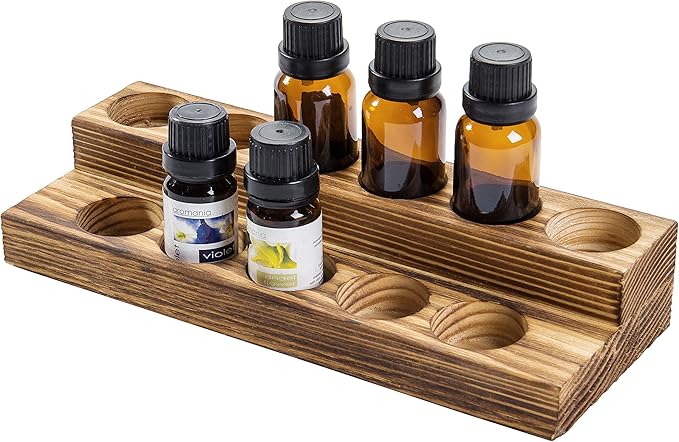MyGift 8.5 Inch Rustic Burnt Solid Wood Essential Oil Holder Stand with 2 Tier Display, Vanity Tabletop Cosmetic Storage Organizer Rack, Holds 11 (20ml) Bottles
