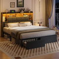 King Size Bed Frame with Bookcase Storage Drawers, LED Lights, Upholstered Platform Bed Frame with Headboard, Charging Station, Metal Slats Support, Noise Free, No Box Spring Needed, Grey